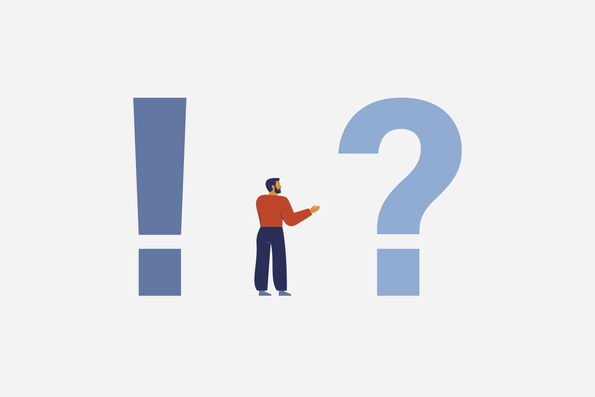Illustration einer Person zwischen Ausrufezeichen und Fragezeichen als Symbol für dringende Fragen und wichtige Informationen.