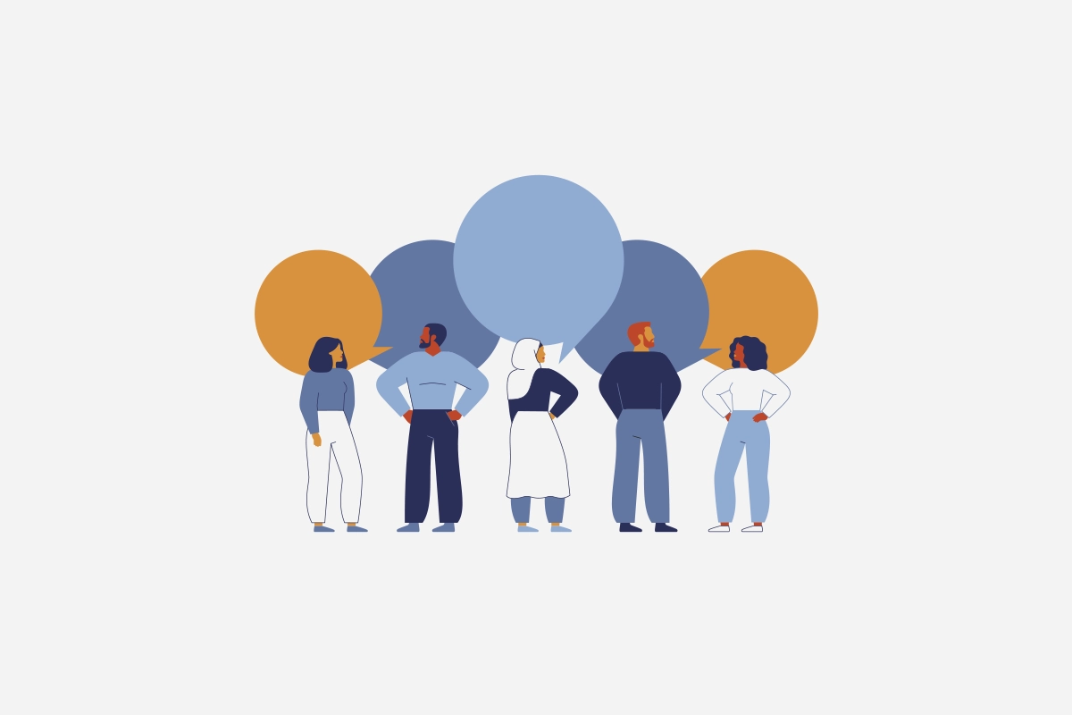 Illustration mehrerer Personen mit Sprechblasen als Symbol für Austausch, Beratung und gemeinschaftliche Unterstützung.