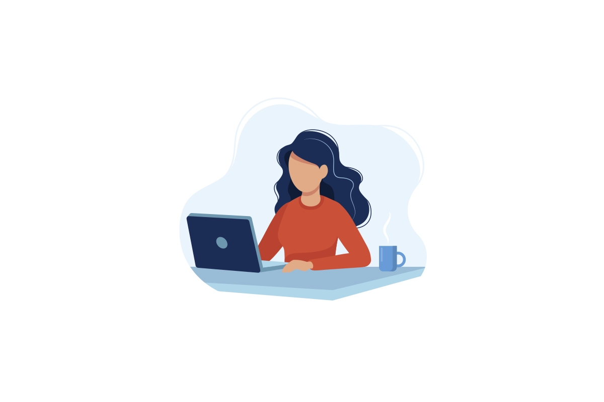 Illustration einer Person am Laptop als Symbol für digitale Beratung und Online-Unterstützung nach sexualisierter Gewalt.