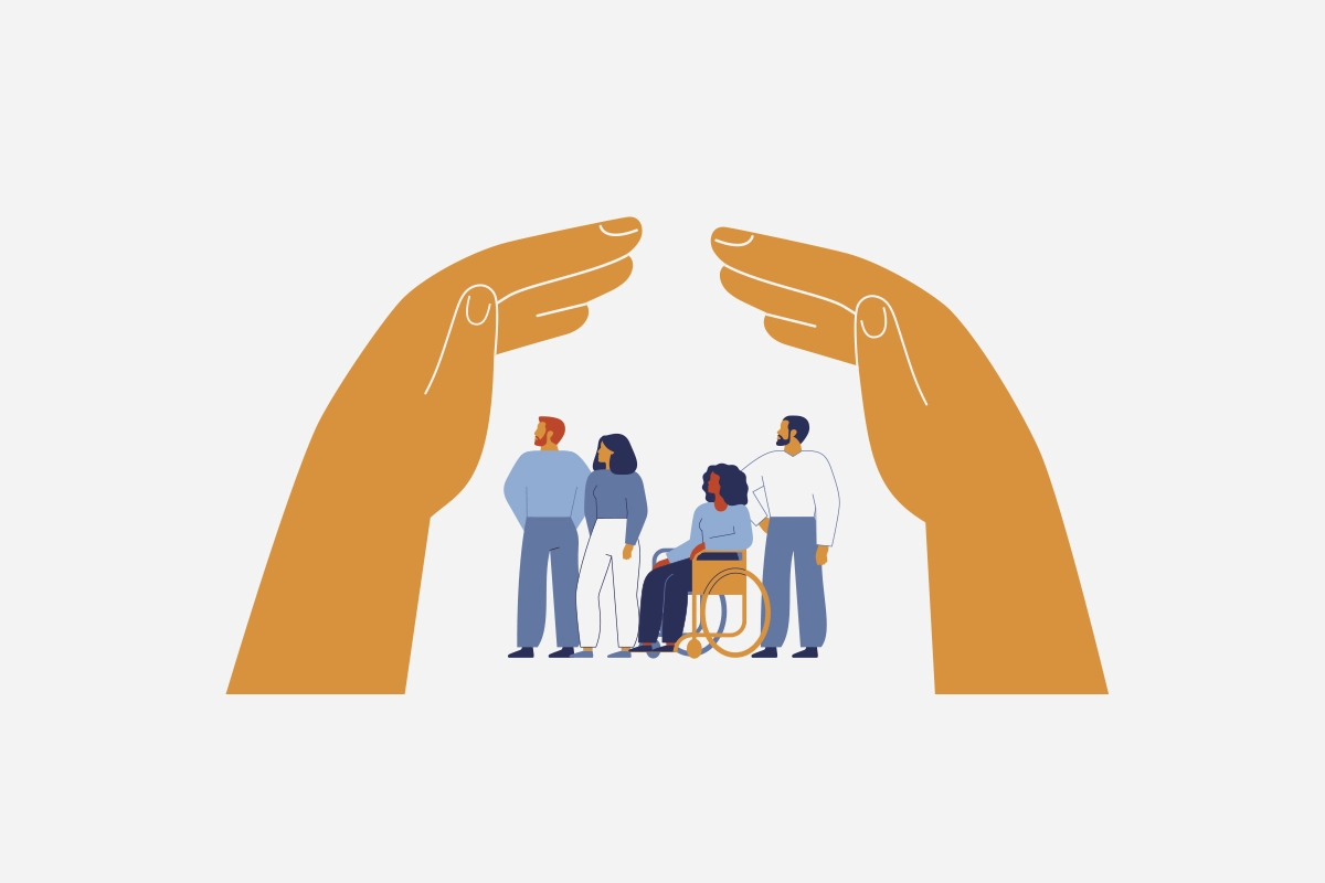 Illustration mehrerer Personen unter schützenden Händen als Symbol für Sicherheit, Unterstützung und Schutz.