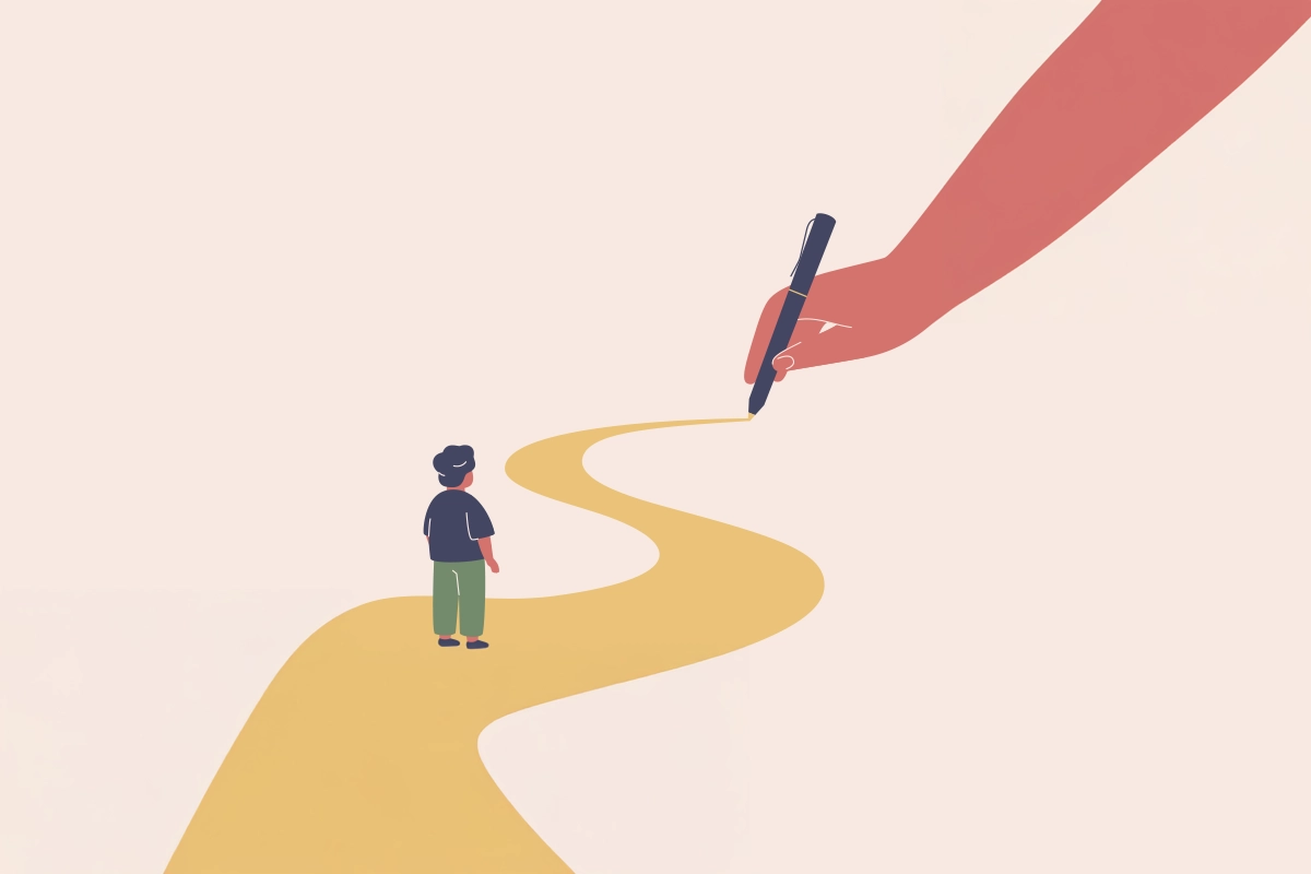 Illustration eines Kindes auf einem Weg, der von einer Hand mit Stift gezeichnet wird, als Symbol für Orientierung und Unterstützung.