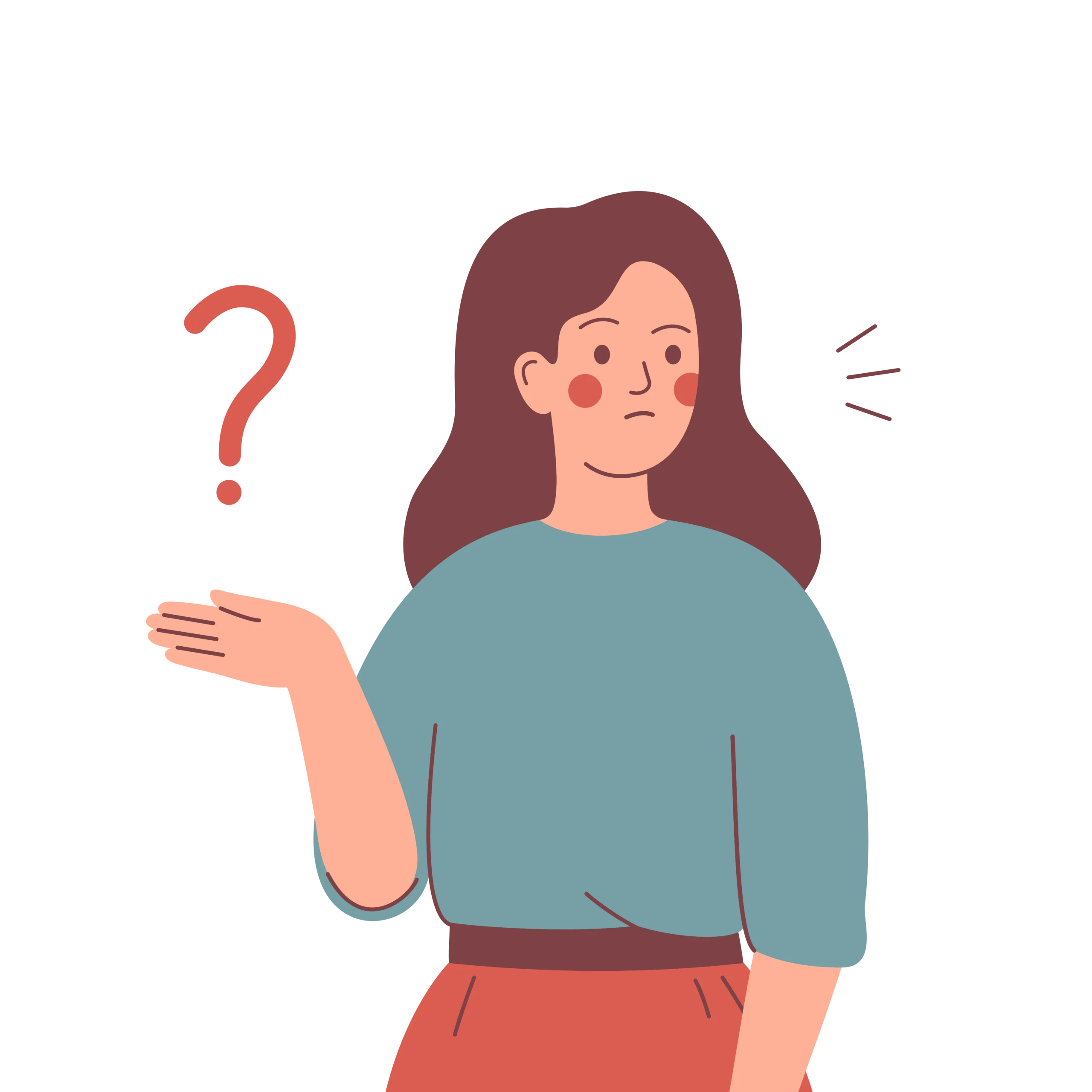 Illustration einer fragenden Person mit Fragezeichen als Symbol für Unsicherheit und Informationsbedarf.