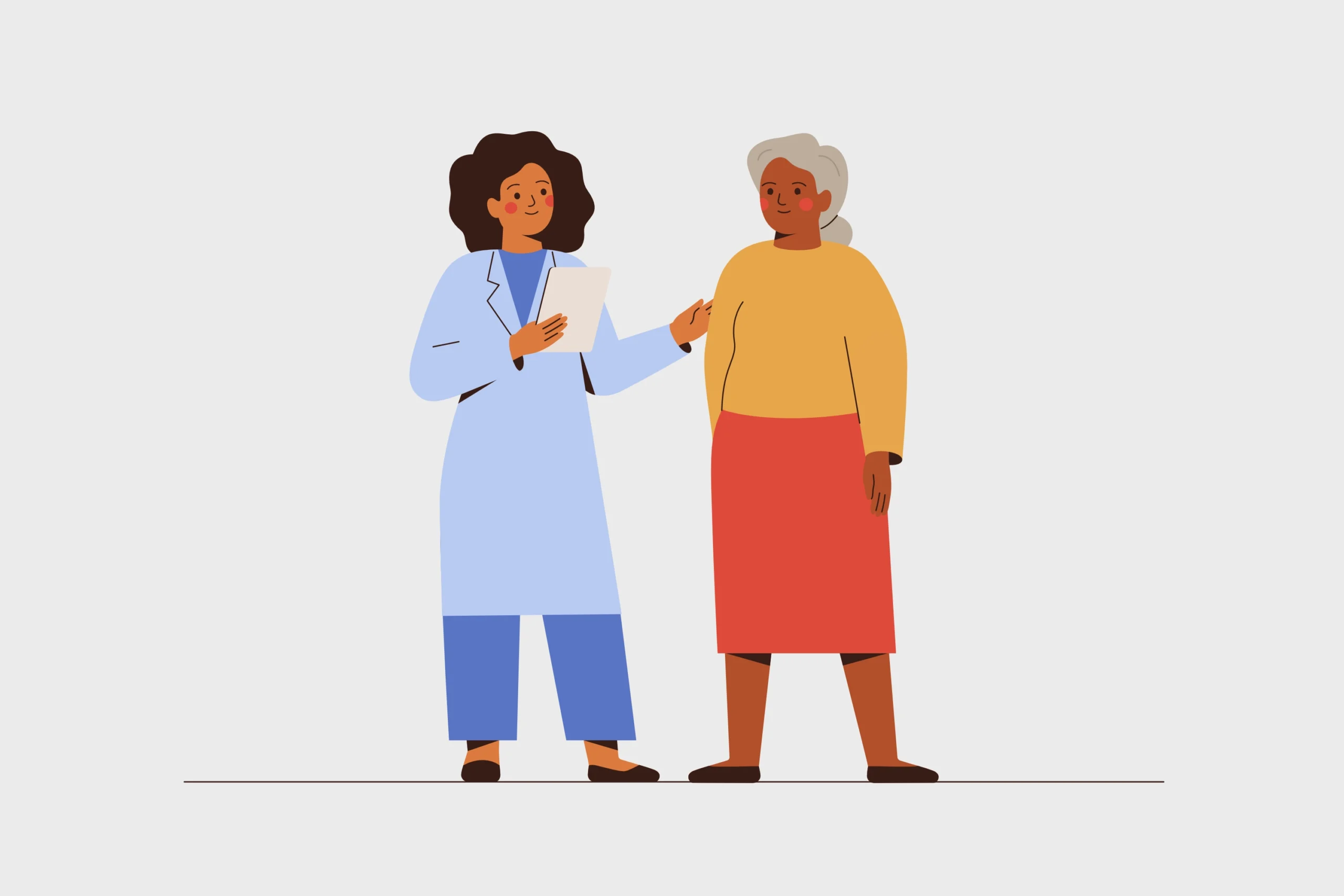 Illustration einer Ärztin im Gespräch mit einer älteren Person als Symbol für medizinische Unterstützung und Beratung.