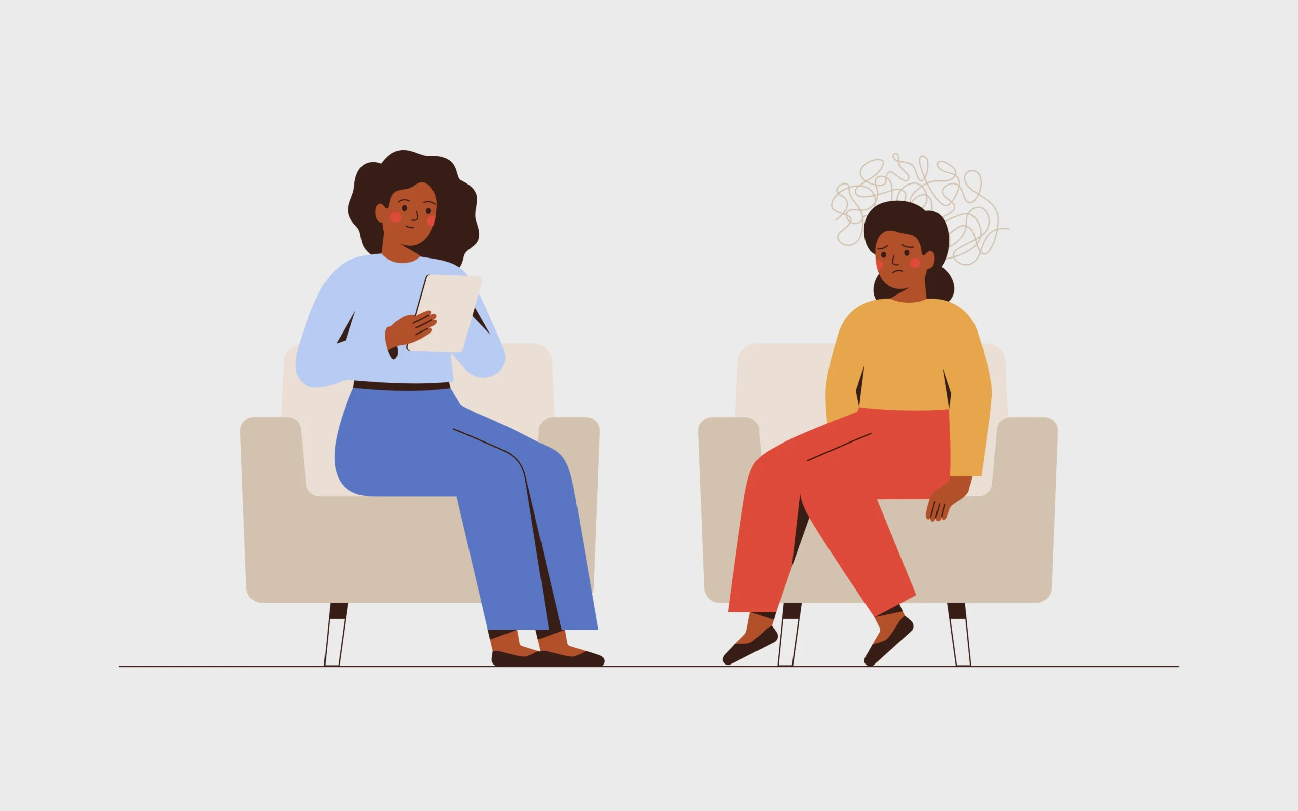 Illustration eines Beratungsgesprächs zwischen Fachperson und betroffener Person als Symbol für psychosoziale Unterstützung.