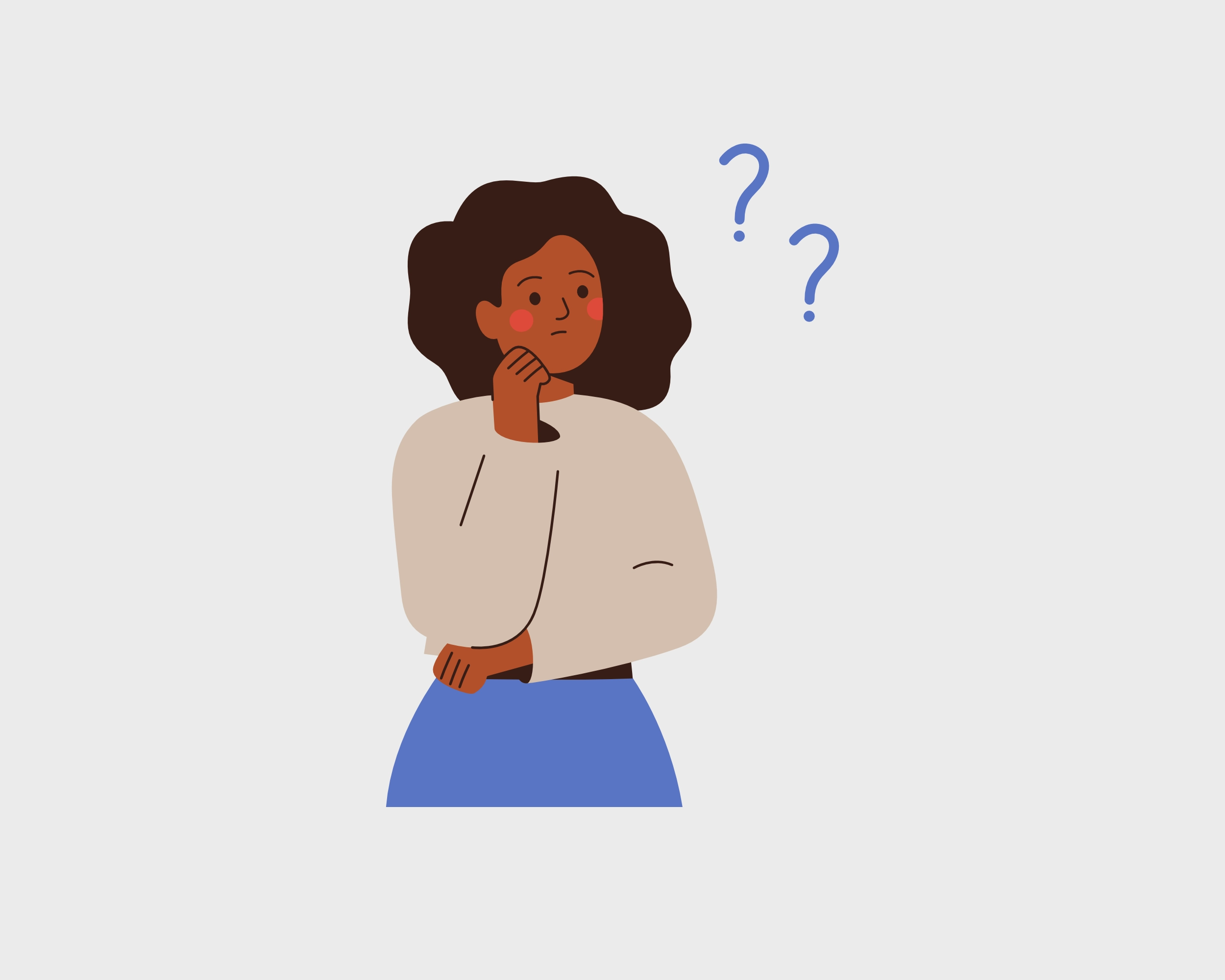 Illustration einer nachdenklichen Person mit Fragezeichen als Symbol für Unsicherheit und Informationsbedarf.