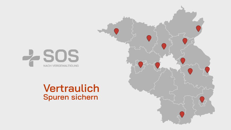 Karte von Brandenburg mit markierten Klinikstandorten der Initiative „SOS nach Vergewaltigung“ zur vertraulichen Spurensicherung