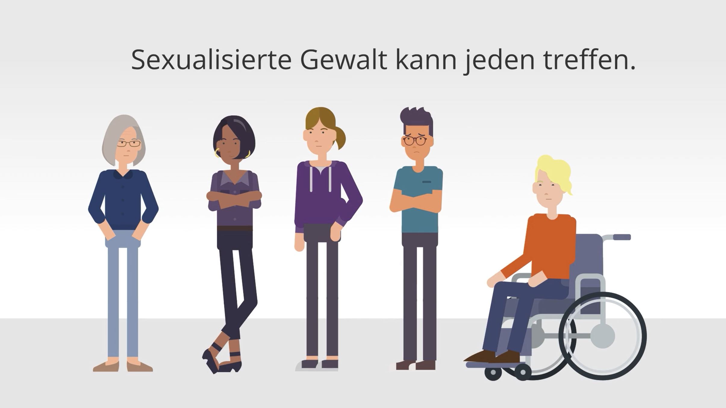 Illustration unterschiedlicher Personen mit dem Hinweis „Sexualisierte Gewalt kann jeden treffen“ als Zeichen für Vielfalt und Betroffenheit aller Altersgruppen.