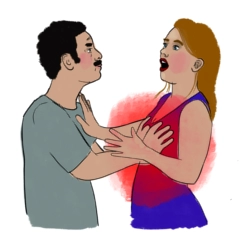 Illustration einer körperlichen Grenzverletzung zwischen zwei Personen als Symbol für sexualisierte Gewalt.