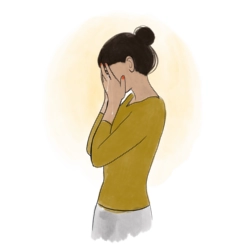 Illustration einer Person, die ihr Gesicht in den Händen verbirgt, als Symbol für Scham und seelische Belastung nach sexualisierter Gewalt.