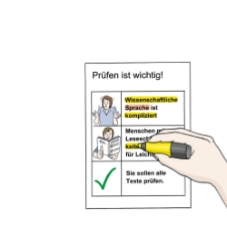 Illustration eines Dokuments in Leichter Sprache mit Markierungen zur besseren Verständlichkeit.