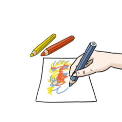 Illustration einer Hand, die mit Stiften auf Papier malt, als Symbol für kindgerechte Unterstützung.