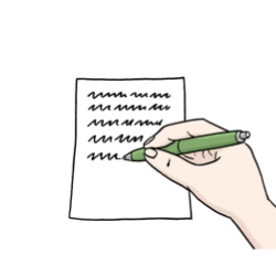 Illustration einer Hand, die einen Text auf Papier schreibt, als Symbol für verständliche Informationen.