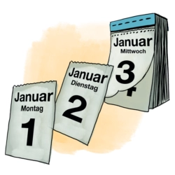 Illustration mehrerer Kalenderblätter im Januar als Symbol für zeitliche Fristen und wichtige Termine nach sexualisierter Gewalt.