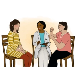 Illustration eines Beratungsgesprächs zwischen einer betroffenen Person und zwei unterstützenden Fachkräften als Symbol für Hilfe nach sexualisierter Gewalt.