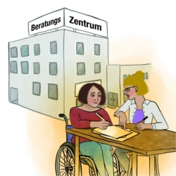 Illustration eines Beratungsgesprächs in einem Beratungszentrum zwischen einer betroffenen Person im Rollstuhl und einer Fachkraft.
