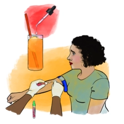 Illustration einer medizinischen Blutabnahme als Symbol für ärztliche Untersuchung und Infektionsprophylaxe nach sexualisierter Gewalt.