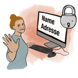 Illustration einer Person am Computer mit dem Hinweis „Name Adresse“ und einem Schloss-Symbol als Zeichen für Datenschutz und Vertraulichkeit.