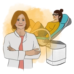 Illustration einer Ärztin vor einer gynäkologischen Untersuchungssituation als Symbol für medizinische Versorgung und vertrauliche Spurensicherung nach sexualisierter Gewalt.