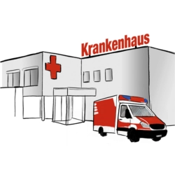 Illustration eines Krankenhauses mit Rettungswagen als Symbol für medizinische Hilfe und Notaufnahme nach sexualisierter Gewalt.