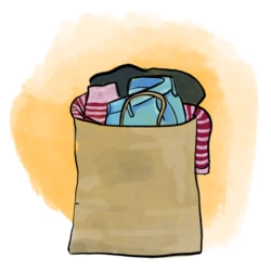 Illustration einer Tasche mit Kleidung als Symbol für das Aufbewahren von Beweismitteln nach sexualisierter Gewalt.