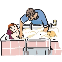 Illustration einer Person in der Badewanne mit einer unterstützenden Person als Hinweis, vor der Spurensicherung nicht zu baden oder zu duschen.