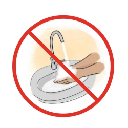 Symbol mit durchgestrichenem Waschbecken als Hinweis, sich vor der Spurensicherung nicht zu waschen.