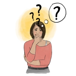 Illustration einer nachdenklichen Person mit Fragezeichen als Symbol für Unsicherheit und offene Fragen nach sexualisierter Gewalt.